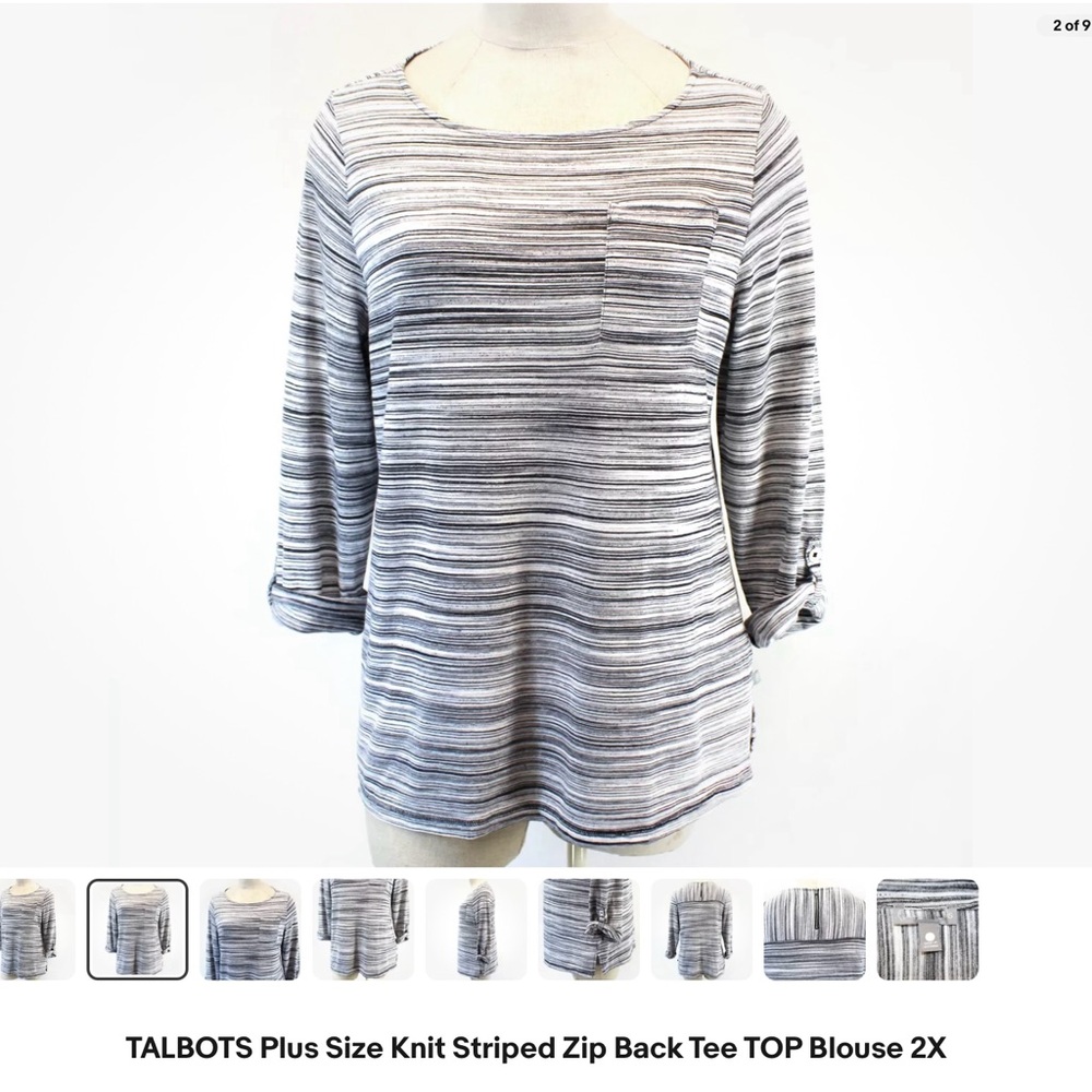 Talbots Women's Plus Size Knit Striped Zip Back Tee Top - Gray